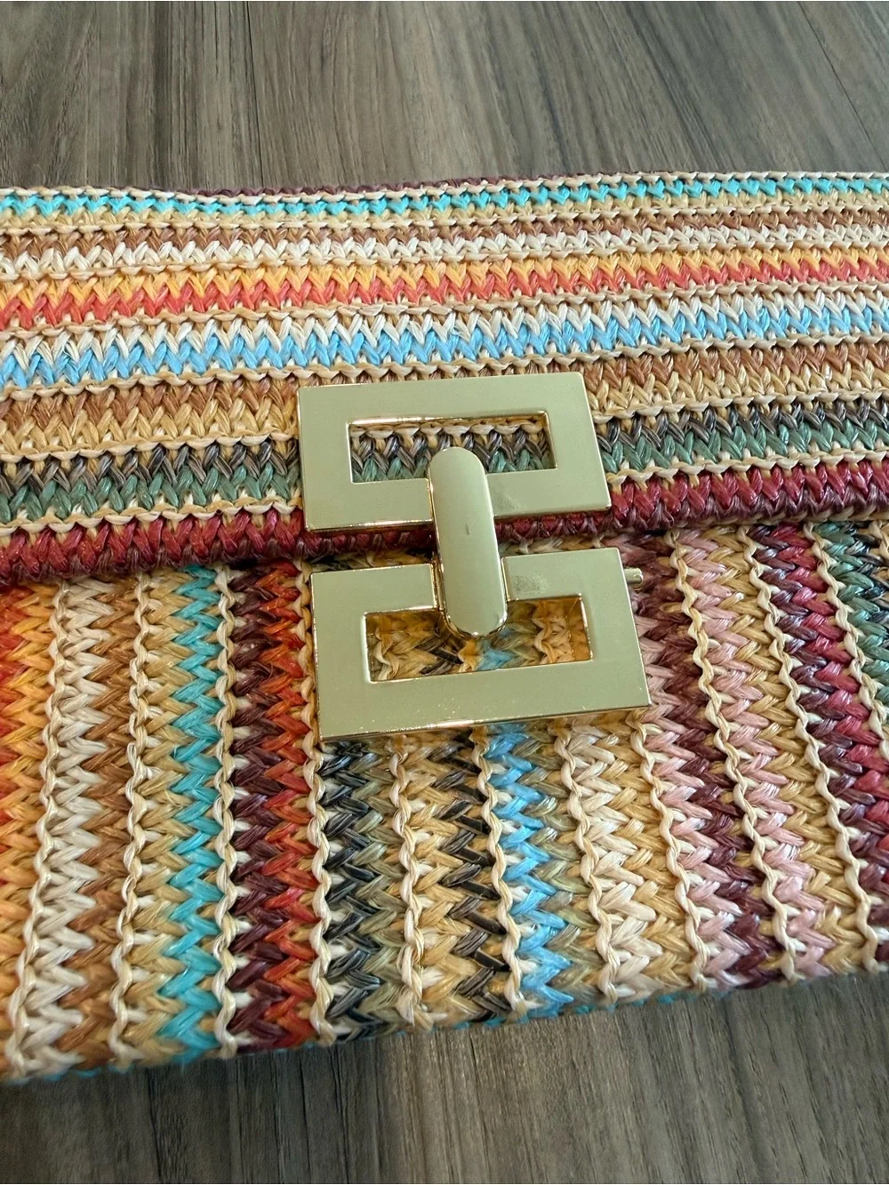 Colorful Striped Raffia Woven Vacation Clutch with Gold Clasp